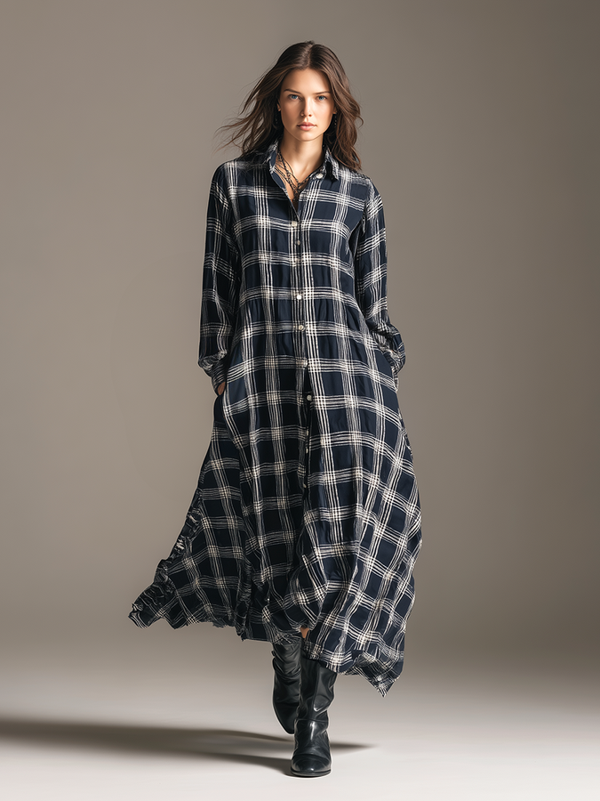Robe Maxi Rétro à Carreaux : Élégance avec Col, Manches Longues et Coupe Ample