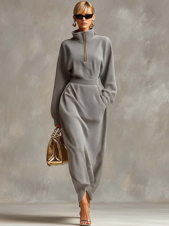 Robe Maxi Waffle Gris Clair : Élégance à Col Revers et Manches Longues avec Fermeture Éclair