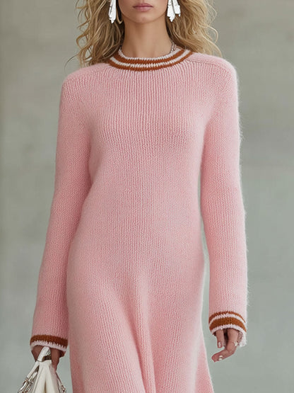 Robe Midi A-Line Tricotée Rose avec Détails Bruns Rétro