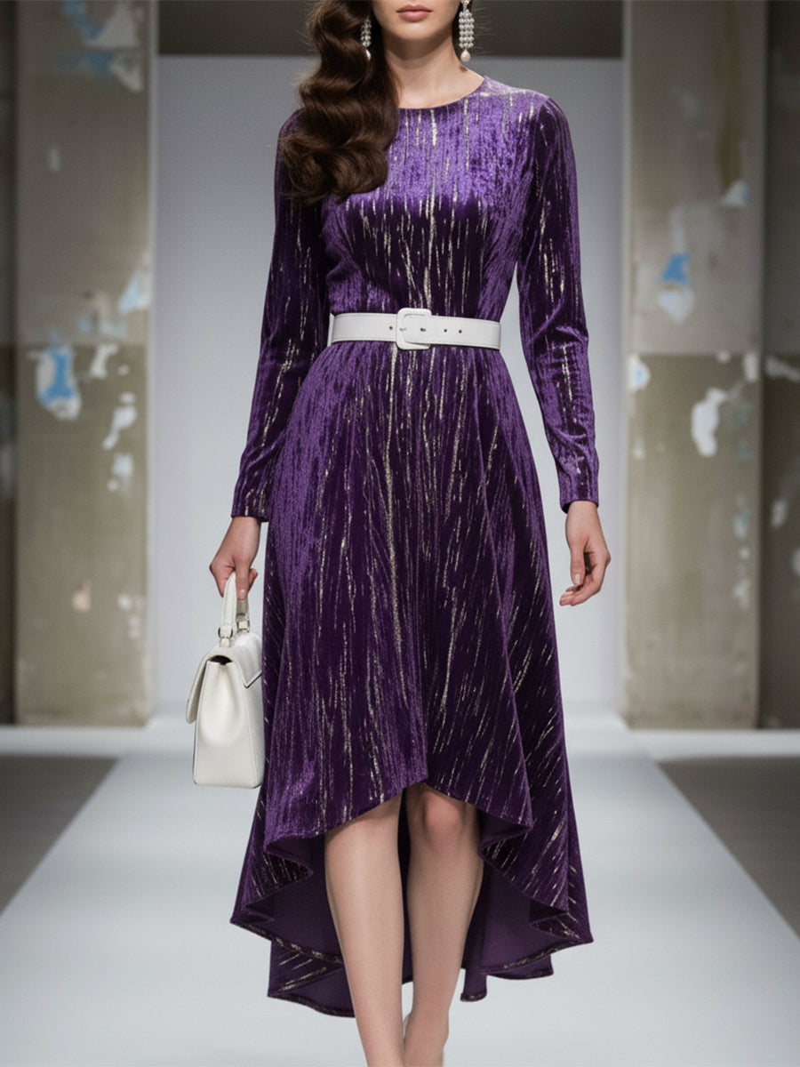 Robe Midi en Velours Violet Luxe à Col Rond - Jupe Longue et Courte avec Estampage Élégant