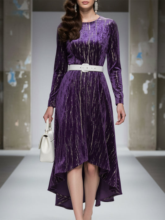 Robe Midi en Velours Violet Luxe à Col Rond - Jupe Longue et Courte avec Estampage Élégant