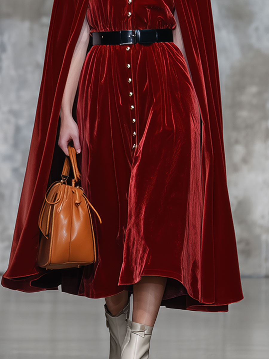 Robe Capée Vintage en Velours Rouge avec Col en Fourrure et Capuche