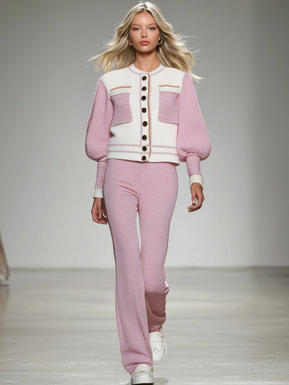 Ensemble Élégant en Tricot Blanc et Rose : Veste et Pantalon Chic et Tendance