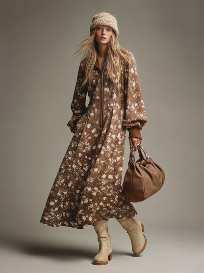 Chic Brown Printed Zip-Up Maxi Sweatshirt Dress