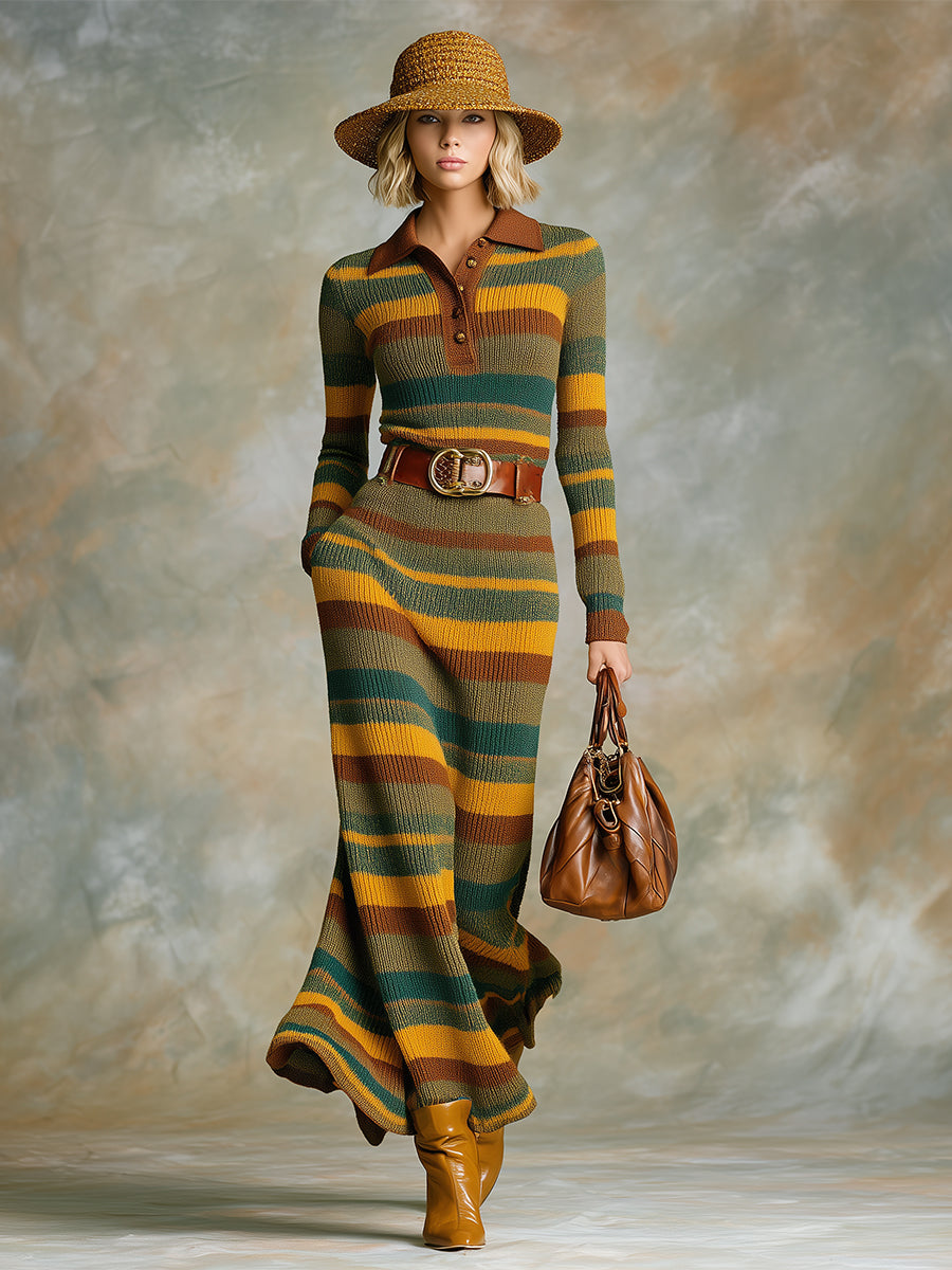Robe Maxi Tricotée à Rayures Vertes et Marron avec Détails Western Vintage