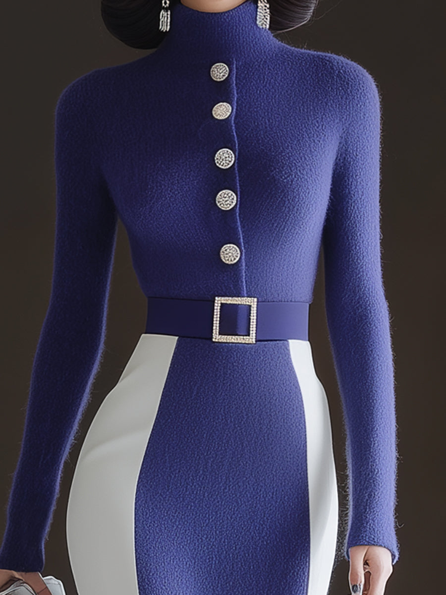 Robe Midi Bleu en Mohair avec Col Roulé - Élégance et Confort