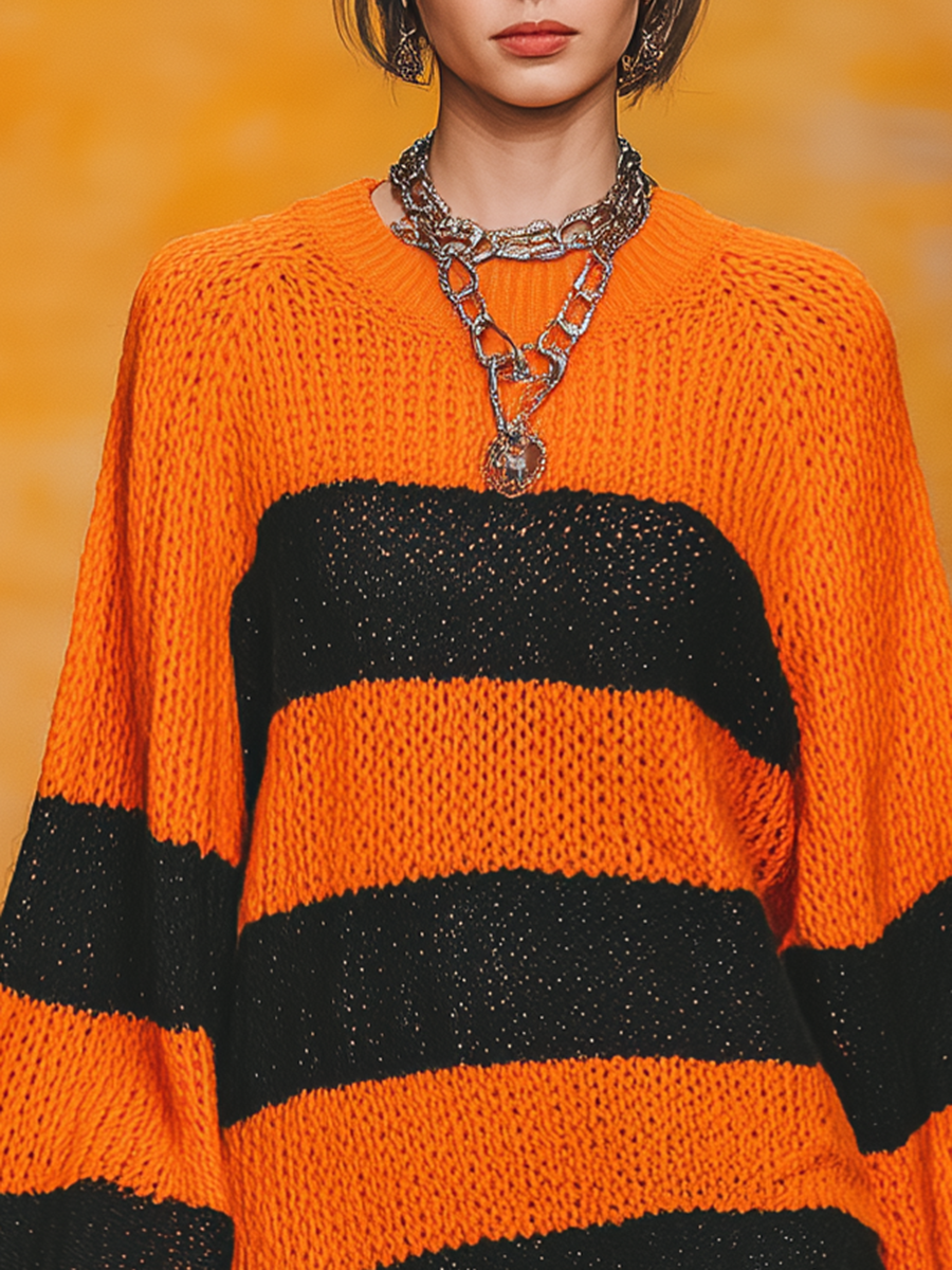 Robe Rétro Tricotée à Col Rond avec Manches Lanternes et Rayures Contrastées