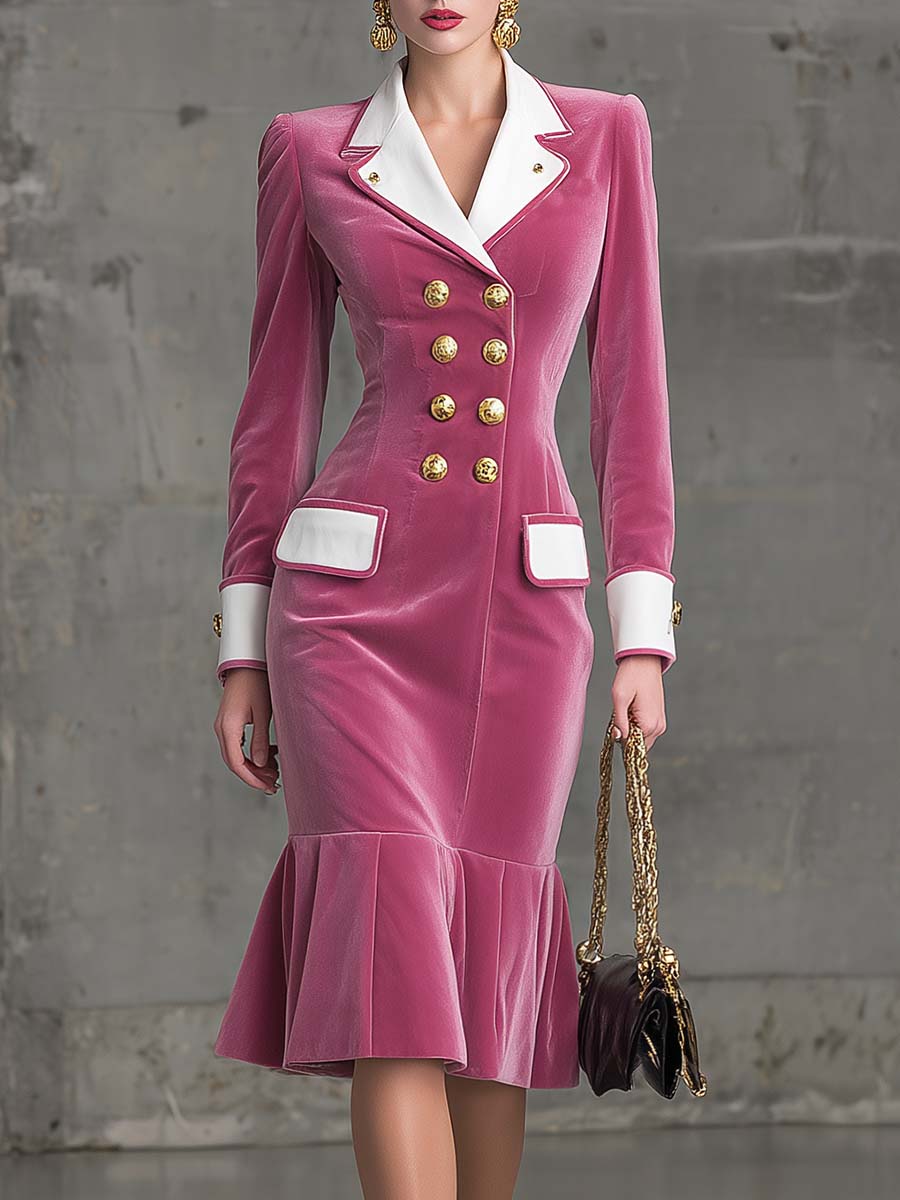 Robe Midi en Velours Rose à Col Notch et Boutonnage Double - Élégance Rétro avec Ourlet en Feuille de Lotus