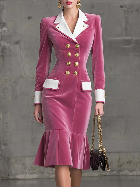 Robe Midi en Velours Rose à Col Notch et Boutonnage Double - Élégance Rétro avec Ourlet en Feuille de Lotus
