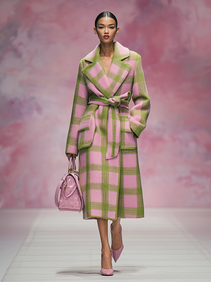 Chic et Élégant Manteau Long en Laine à Motif Carreaux