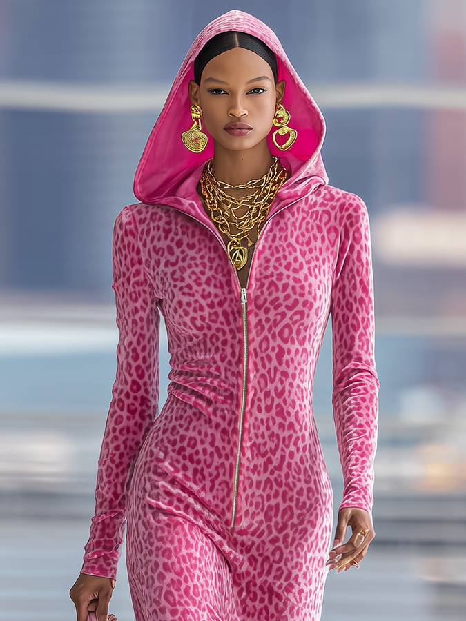 Robe Maxi Velours Léopard à Capuche et Zip Sportif