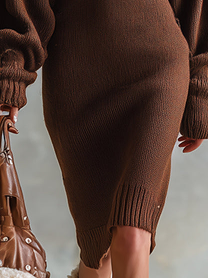 Robe Midi Tricotée Marron à Col Montant avec Élégant Motif de Cerf de Noël Vintage