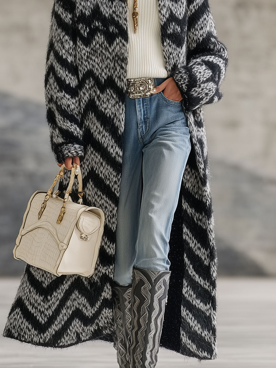 Cardigan Rétro à Rayures Zigzag Noir et Blanc