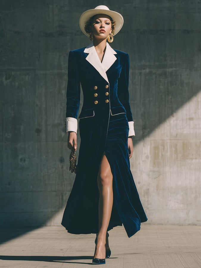 Robe Maxi Vintage en Velours Bleu Foncé avec Revers Contrastés et Double Boutonnage