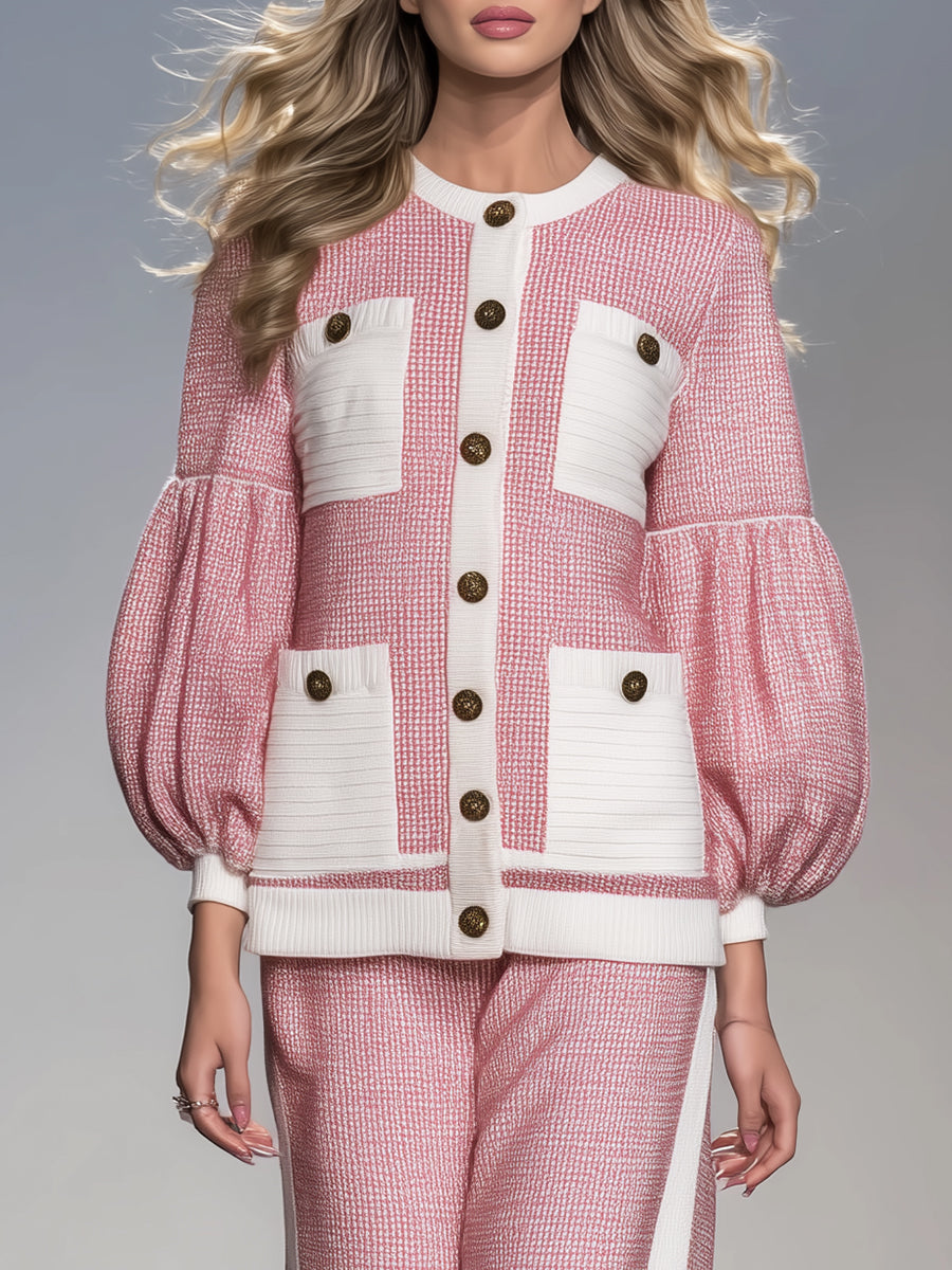 Ensemble Élégant : Pantalons Amples avec Manches Bouffantes Blanches et Poches Roses