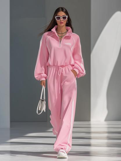 Ensemble Sportif Rétro : Sweat-shirt à Col Contrasté et Pantalon Ample