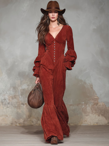 Combinaison Vintage en Faux Suède avec Col en V, Boutons et Manches Longues à Volants