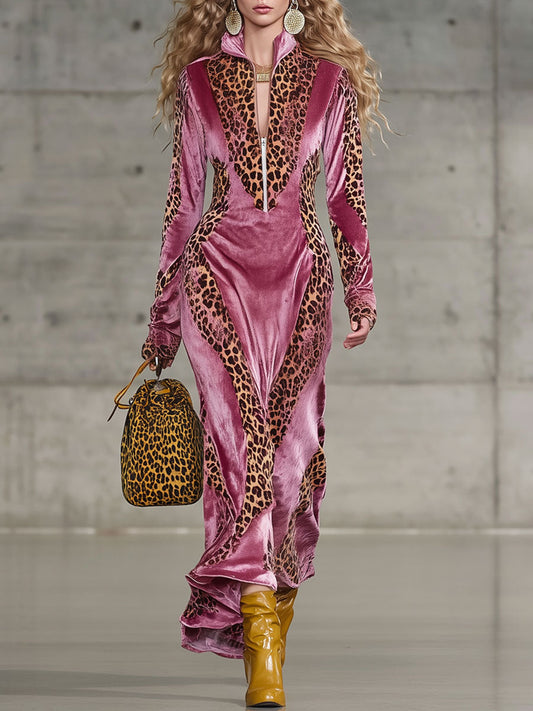 Robe Maxi Sport en Velours Rouge Rose avec Imprimé Léopard Vintage