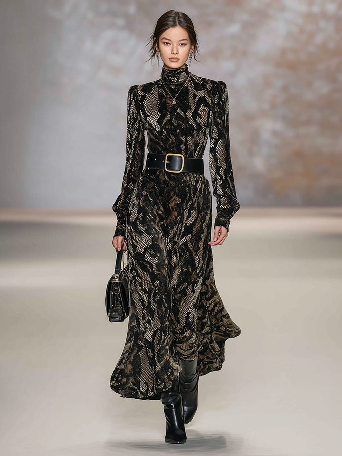 Maxi Velour Snake Print Dress with High Collar and Long Sleeves – Stylish and Alluring
