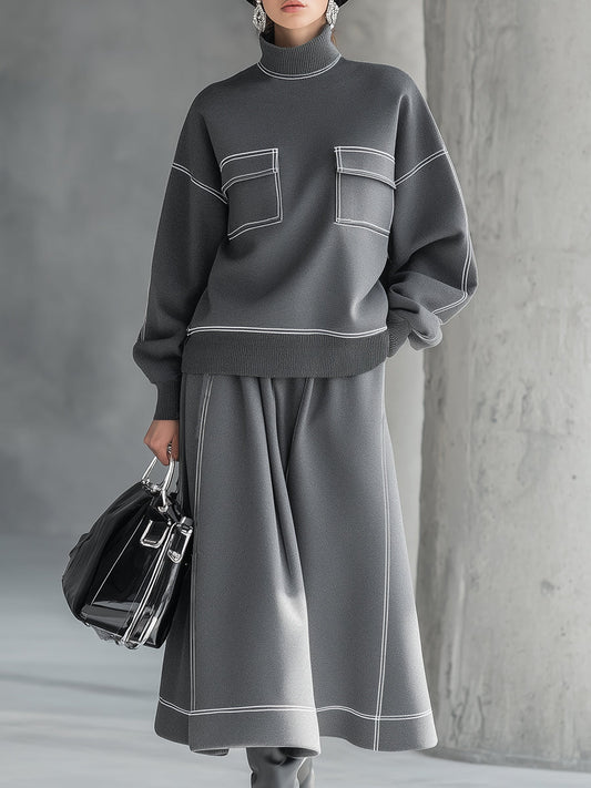 Pull à Col Roulé Gris avec Surpiqûres Blanches - Élégance Sportive Premium