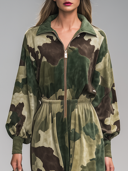 Robe Maxi en Suédine Camouflage à Col Zippé - Style Sportif Rétro