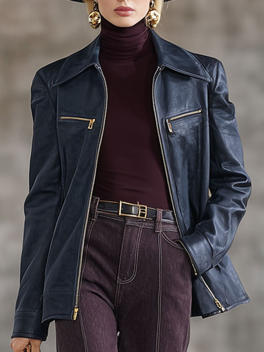 Veste en simili cuir vintage bleu marine à zip