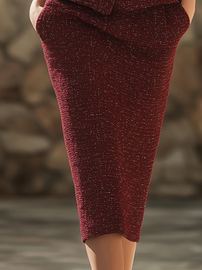 Ensemble Chic en Tweed Bordeaux à Col V : Veste et Jupe Coordonnées