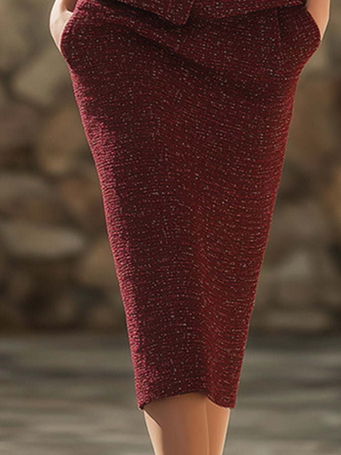 Ensemble Chic en Tweed Bordeaux à Col V : Veste et Jupe Coordonnées