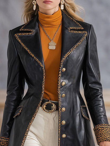 Veste en simili cuir à motif léopard avec col revers