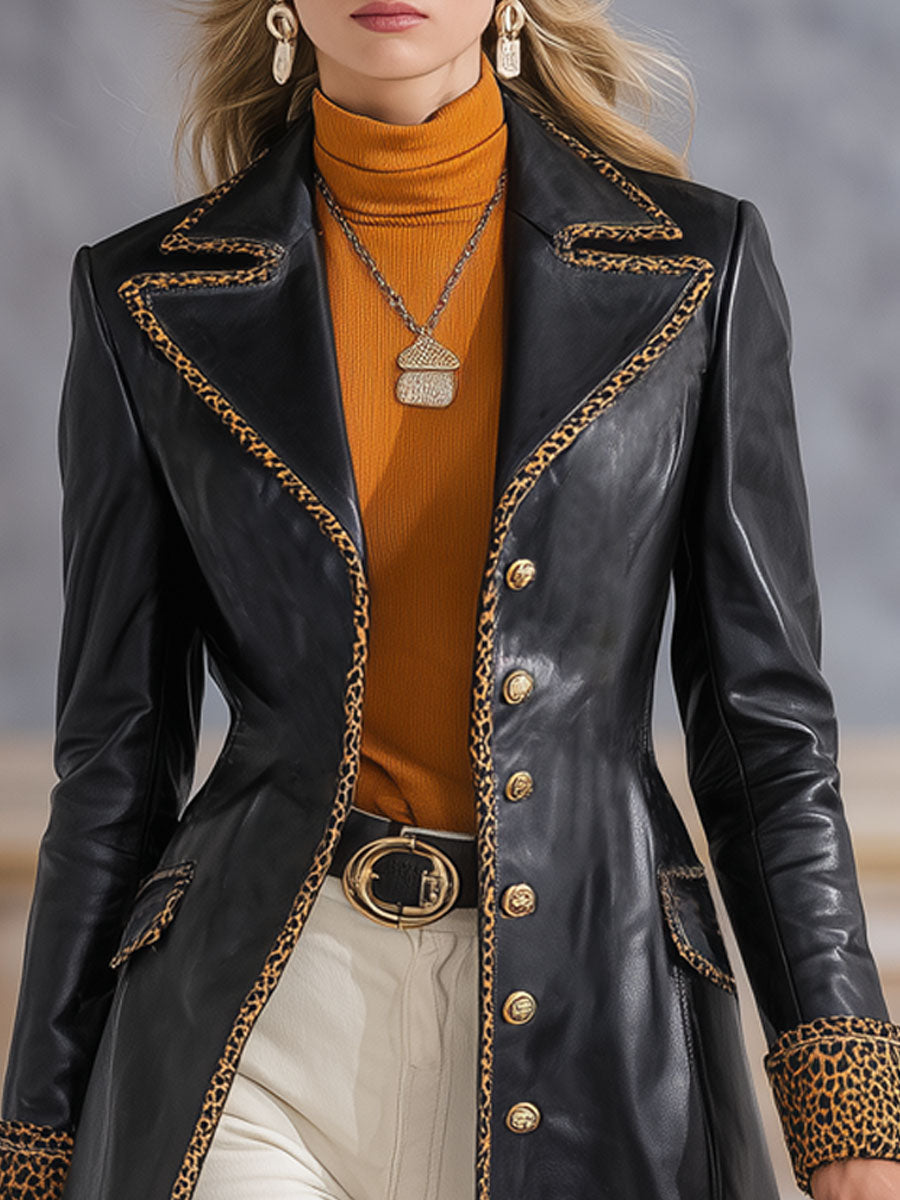 Veste en simili cuir avec col à revers et motif léopard