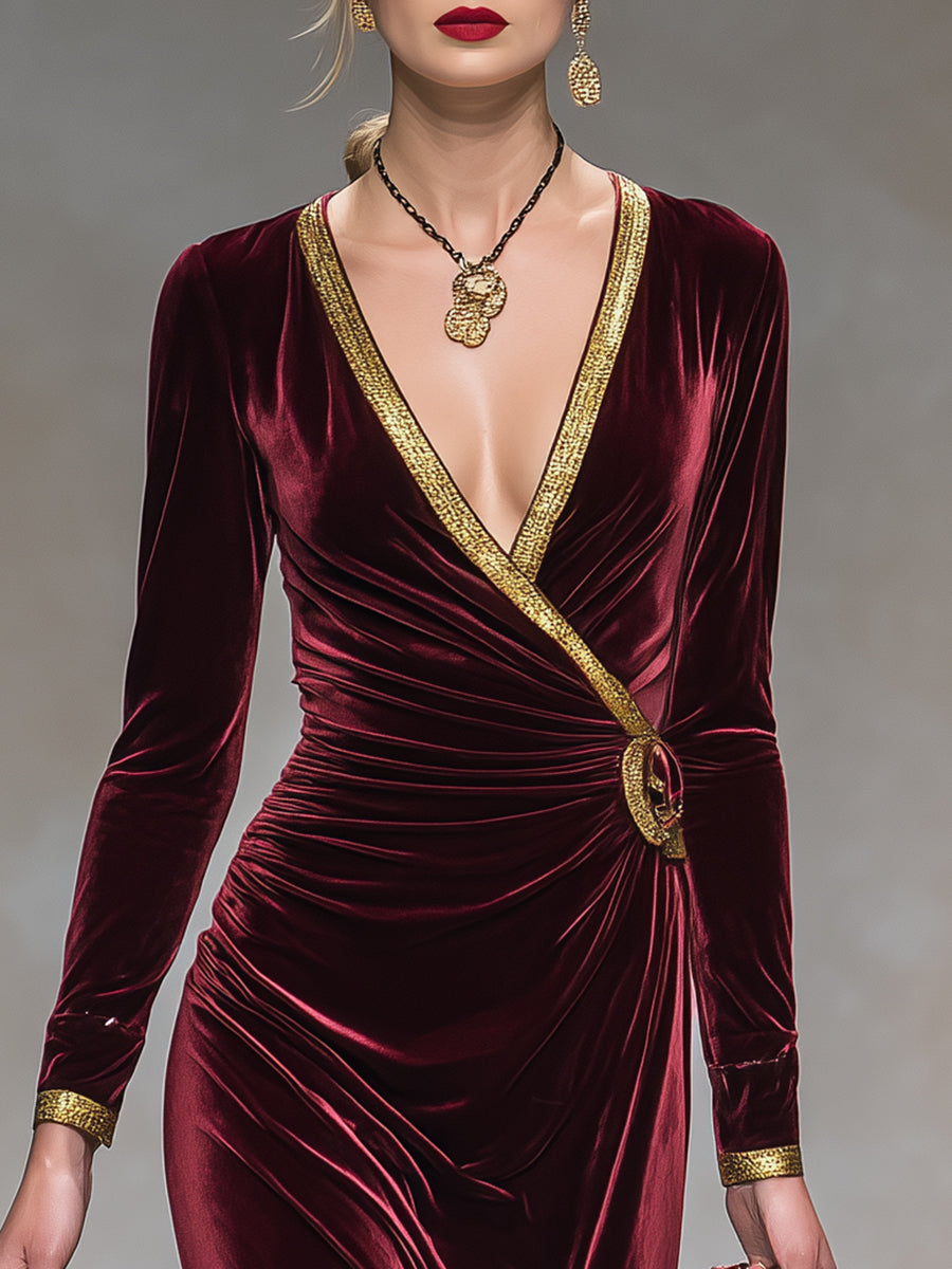 Robe Maxi Velours Bourgogne : Décolleté en V et Finitions Dorées pour une Élégance Éblouissante