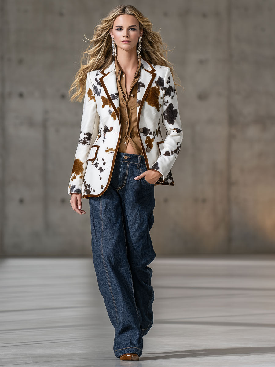 Veste en Velours Blanc avec Détails Marron au Style Western Rétro