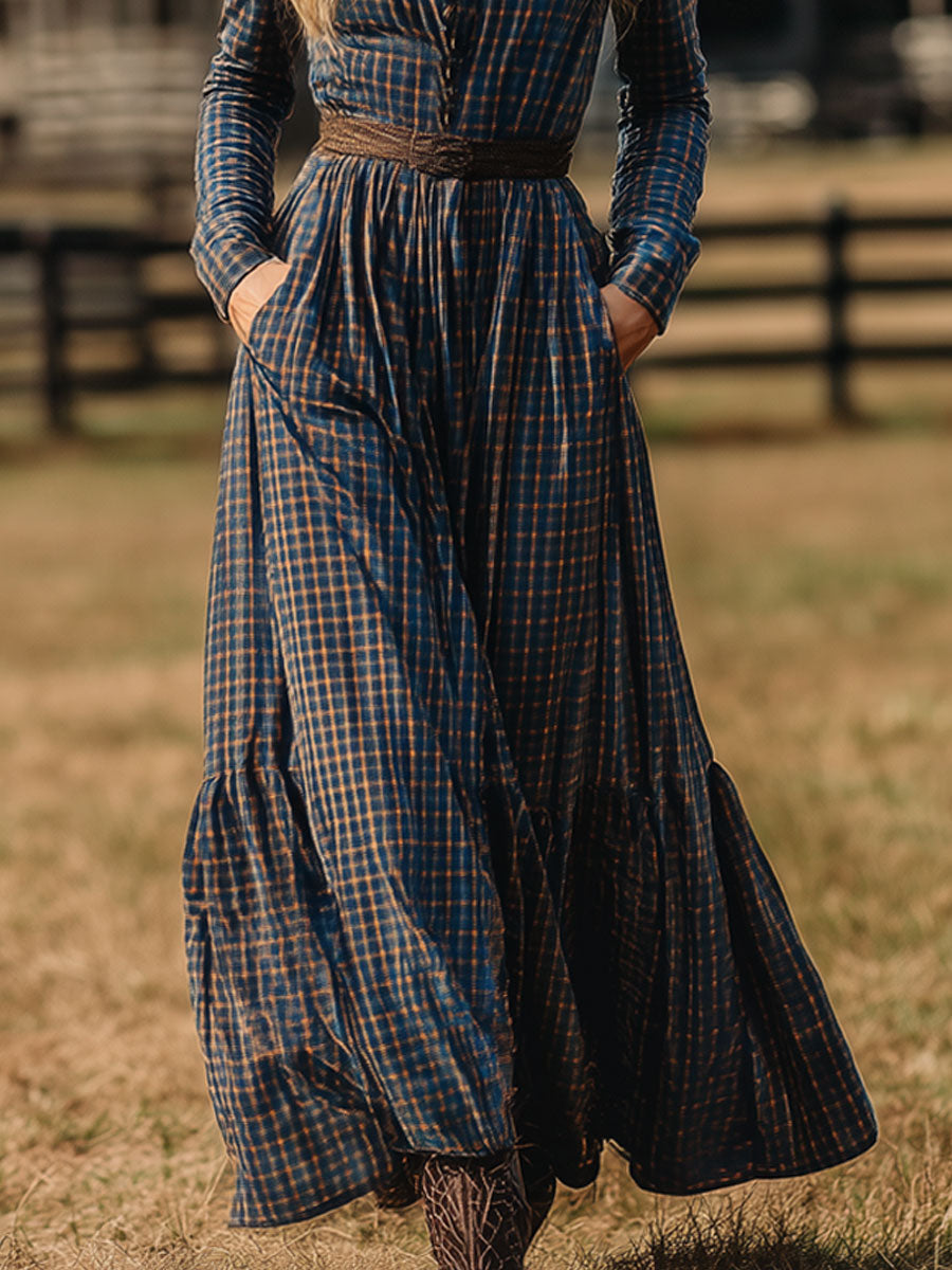 Robe Maxi Longue en Velours Rétro Western à Motifs Carreaux Bleus et Bruns avec Détails à Lacets