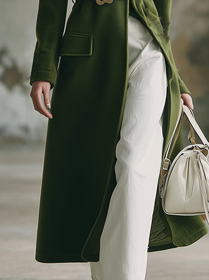 Élégant Manteau Vert Mousse en Laine avec Col en Fourrure Léopard