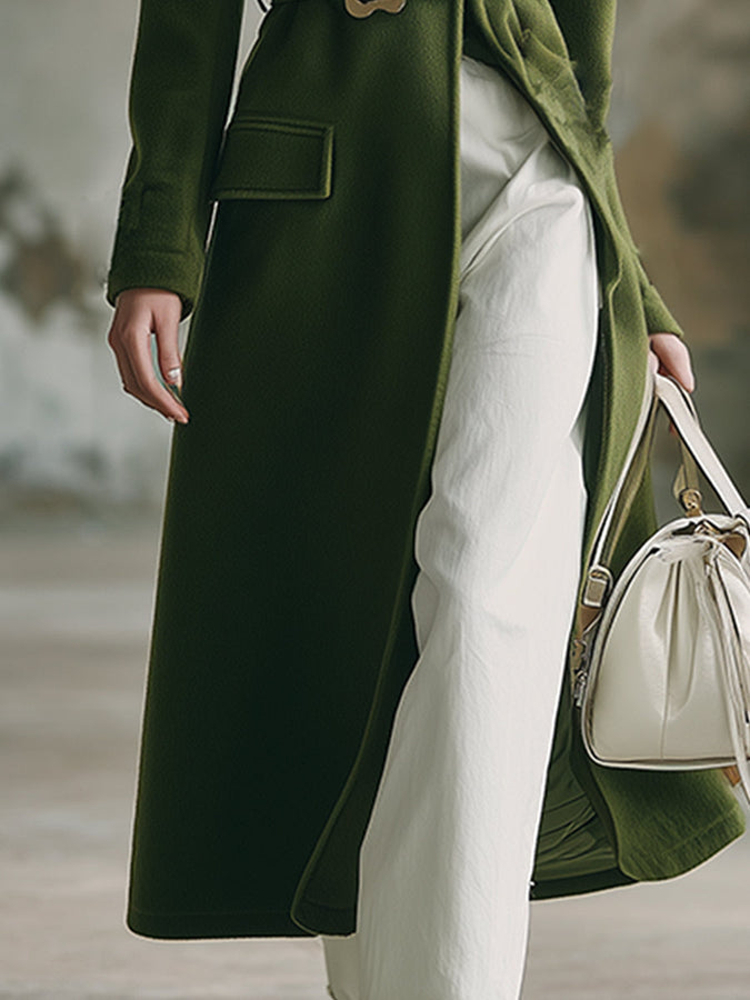 Élégant Manteau Vert Mousse en Laine avec Col en Fourrure Léopard