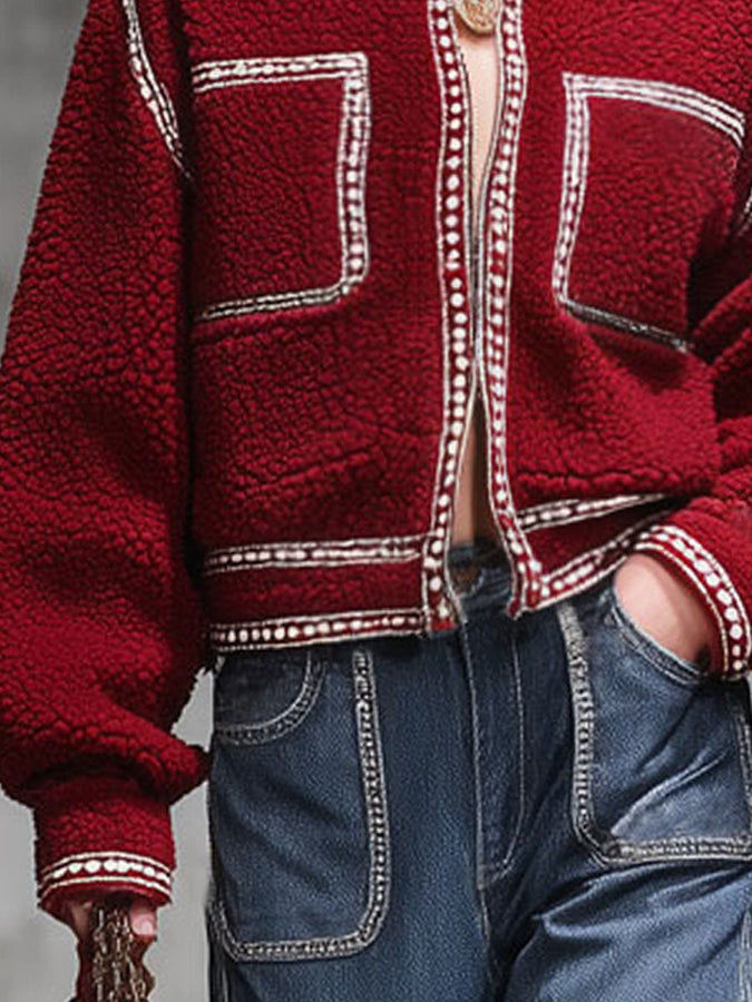 Veste en Fleece Zippée avec Col Contrastant