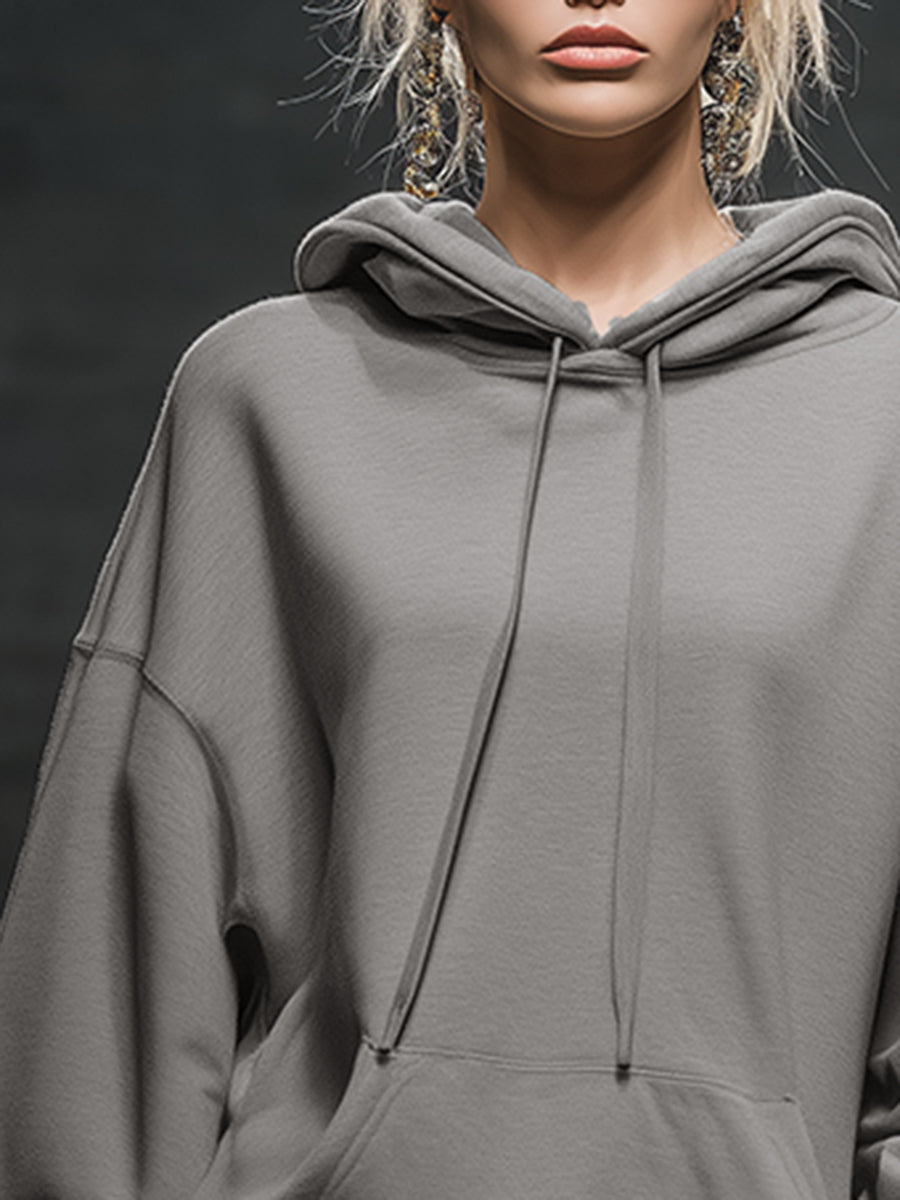 Robe Mini Sweat Grise à Capuche avec Ourlet Élastique - Style Décontracté et Tendance