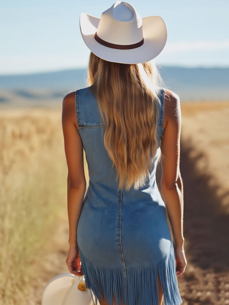 Robe Mini Sans Manches en Jean Bleu Vintage avec Décolleté en V et Franges - Livraison en 24 Heures
