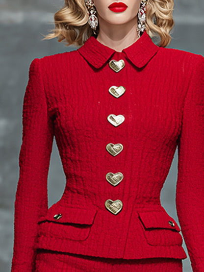 Ensemble Chic et Moderne : Haut et Jupe Texturée Rouge avec Détails en Bouton Cœur