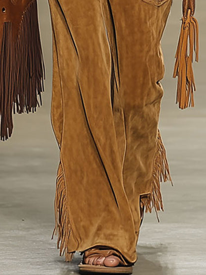 【Expédition en 24h】Pantalons Vintage en Suède Caramel avec Rivets et Franges