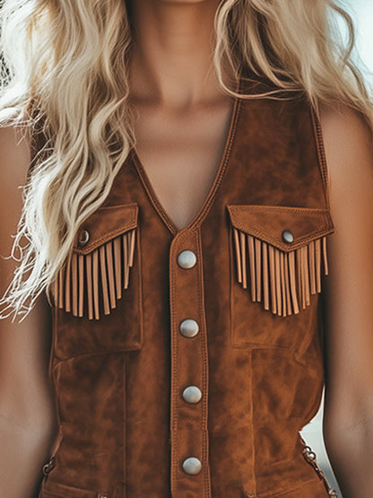 Veste Vintage en Suède Marron avec Franges et Short - Livraison en 24 Heures