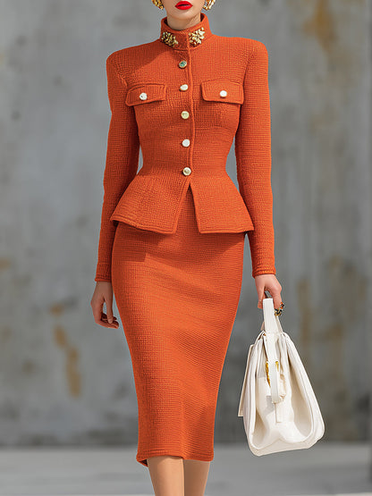 Ensemble Élégant : Cardigan Tricoté à Col Montant et Jupe Chic