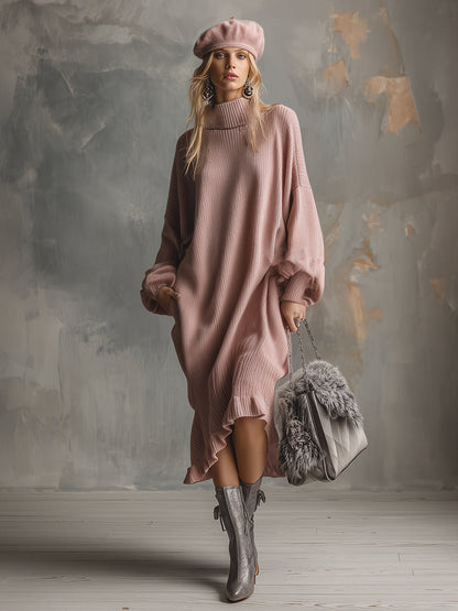 Robe Midi Élégante en Tricot Rose avec Col Montant et Ourlet Volanté