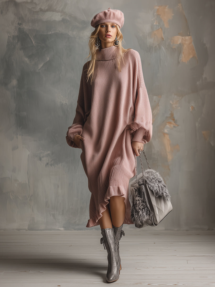 Élégante Robe Midi Tricotée Rose Pâle à Col Montant et Détails Volants