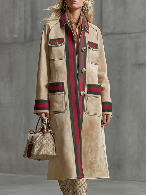 Veste en Faux Suède Beige avec Détails en Ruban Rouge et Vert – Élégance Minimaliste