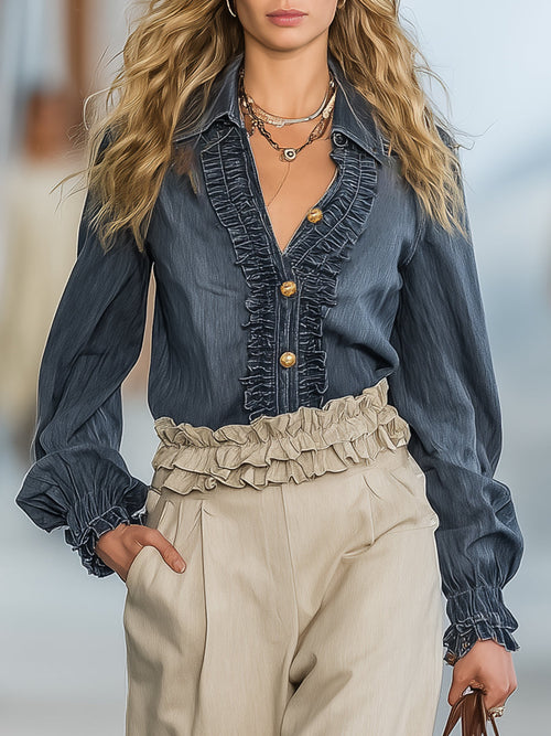 Chemise en denim bleu foncé à manches longues avec élégants volants vintage