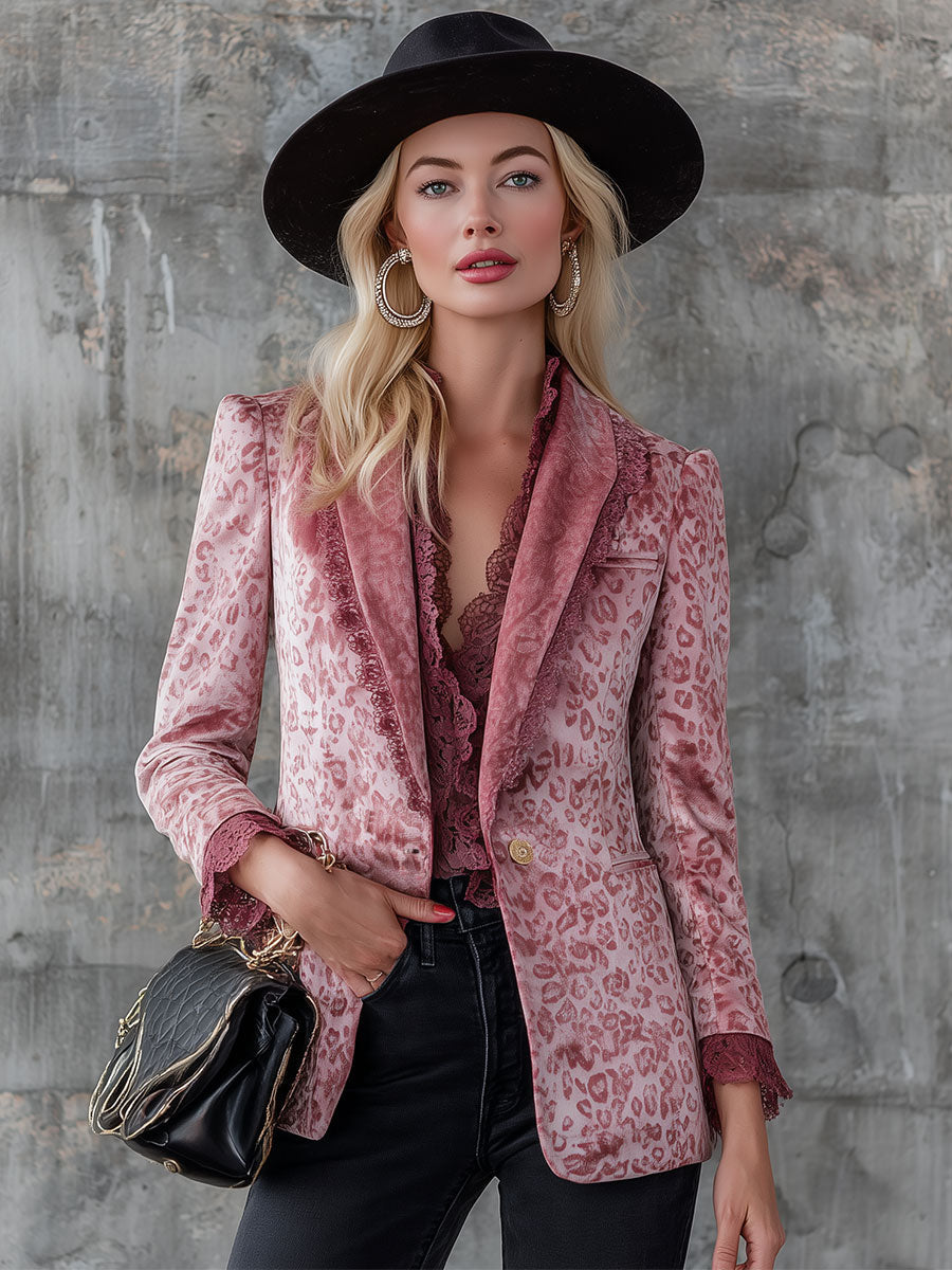 Veste Élégante en Velours à Imprimé Léopard Rose Rétro avec Détails en Dentelle