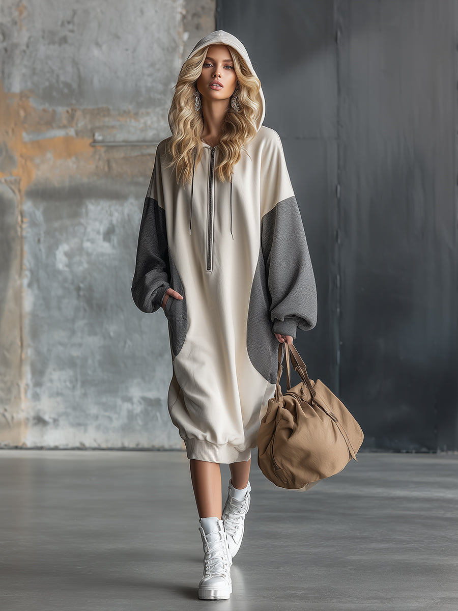 Robe Midi Sportive à Capuche avec Manches Contrastées - Style Décontracté