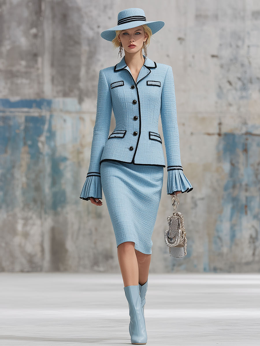 Chic Ensemble Bleu en Tweed : Haut Élégant avec Jupe à Volants