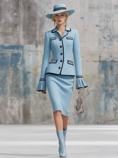 Chic Ensemble Bleu en Tweed : Haut Élégant avec Jupe à Volants